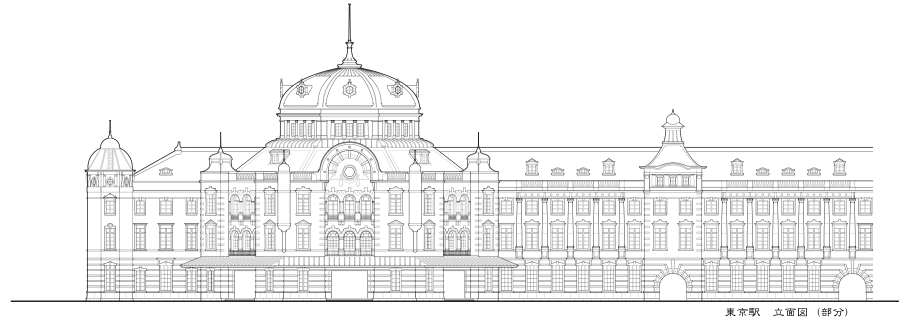 Mac用CAD SOCSS 作図例　東京駅　立面図　線画、tokyoStation elevation plain
