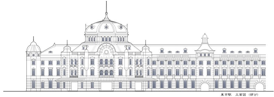 Mac用CAD SOCSS 作図例　東京駅　立面図　窓着色、tokyoStation elevation colored window