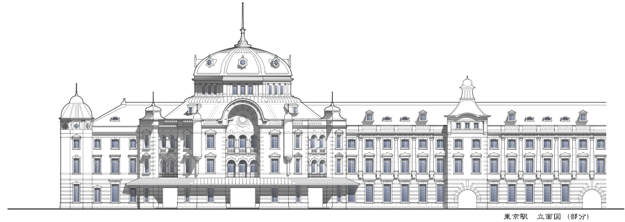 Mac用CAD SOCSS 作図例　東京駅　立面図　窓着色 影付、tokyoStation elevation with shadow