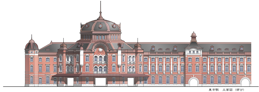 Mac用CAD SOCSS 作図例　東京駅　立面図　着彩、tokyoStation elevation colored